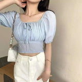 Puff Sleeve Crop Top for Women-Blue-3