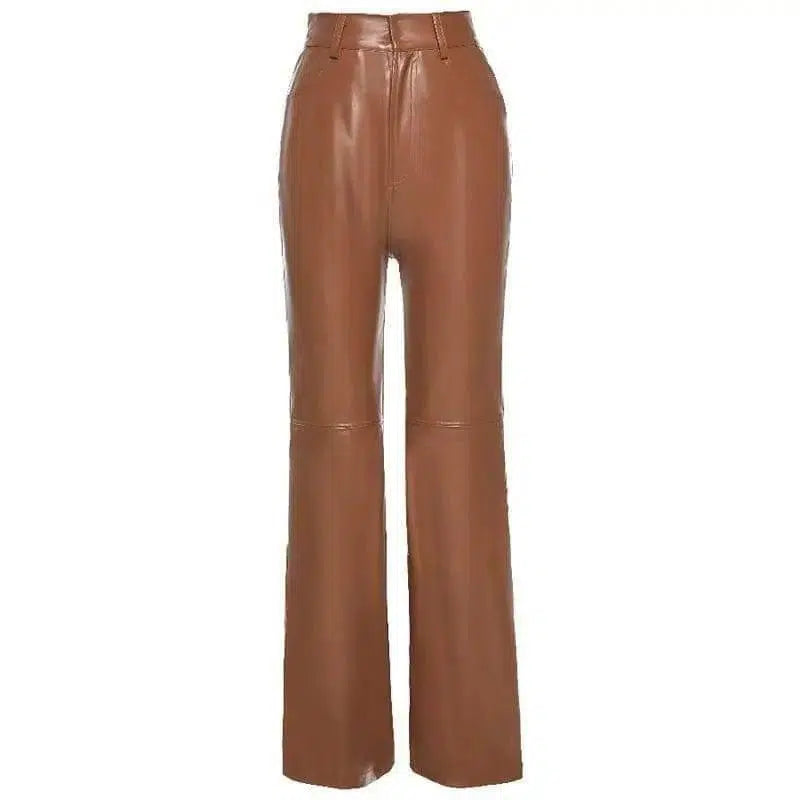 Fashion Street Style Temperament PU Motorcycle Trousers-Brown-2