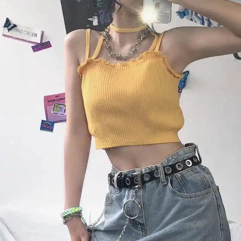 Knit Floral Crop Top Sleeveless Casual Wear-Yellow-7