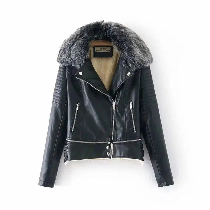 Fur Collar Leather Jacket-Black-2