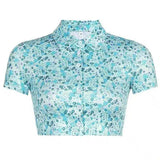 Floral Print Short-Sleeve Cropped Blouse-Blue-2