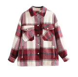 Plaid Flannel Button-Up Jacket with Pockets-Wine red-5