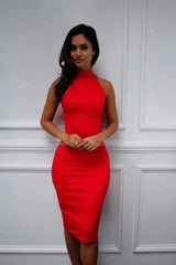 Halter Sleeveless Mini Cut Out White Wonderful Bandage Dress-Red-14