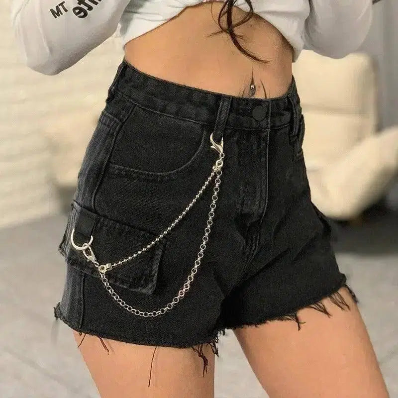 High-waisted jeans chain wide-leg raw shorts-1