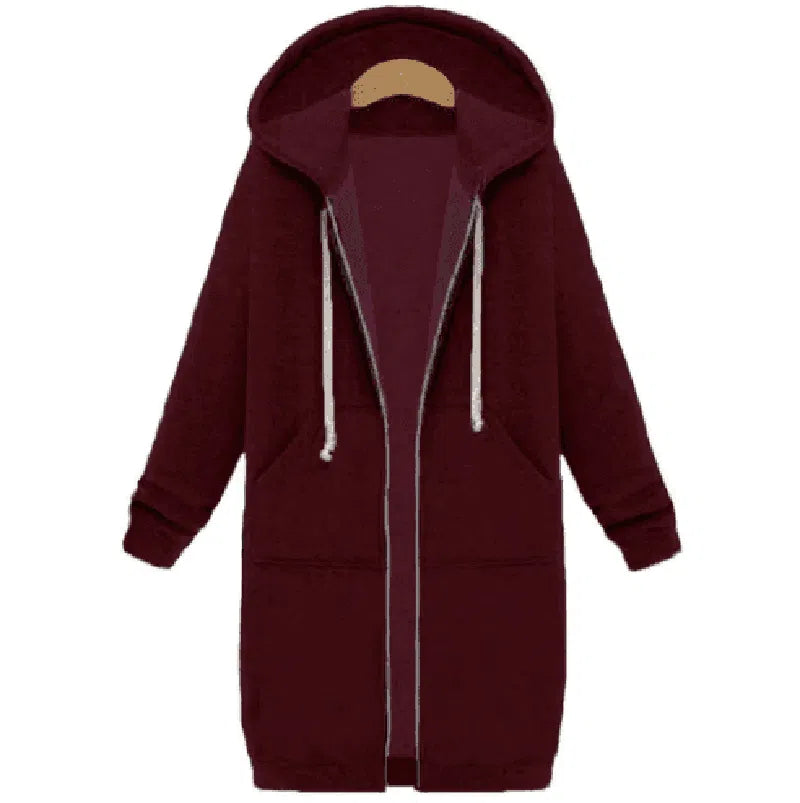 Hooded long-sleeved winter sweater women's jacket in a long-Wine Red-11