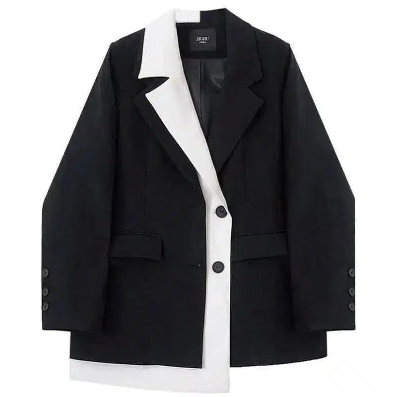Women's Contrast Lapel Blazer-Black-2