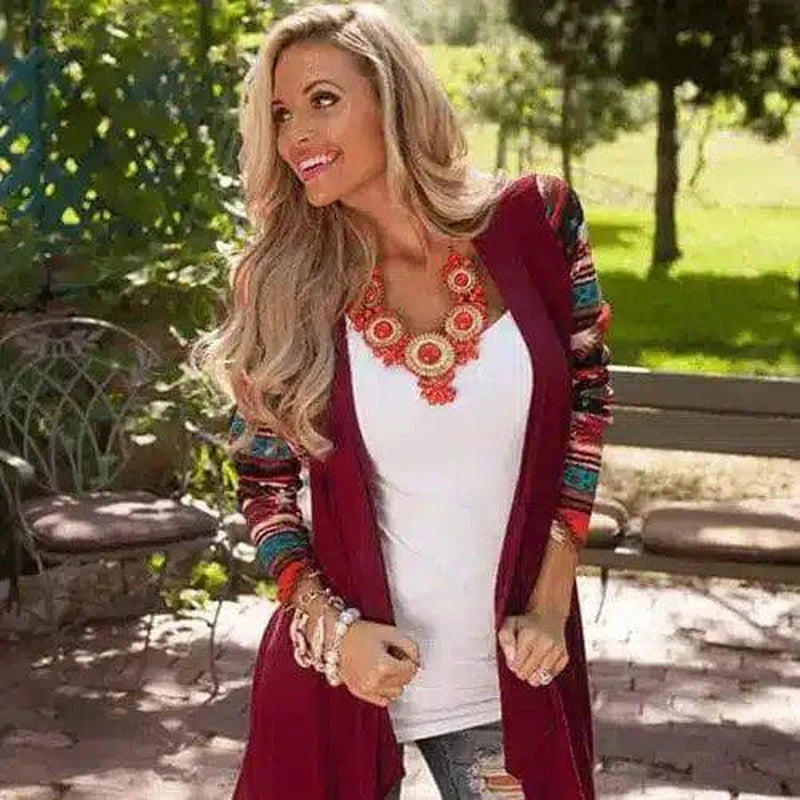 Boho Chic Long Cardigan with Embroidery-Red-1