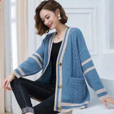 Women's Knit Cardigan with Striped Trim-Blue-2