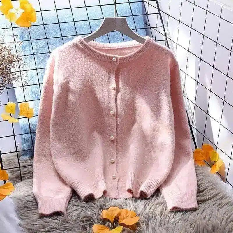 Cozy Knit Button-Up Cardigan-Pink-2