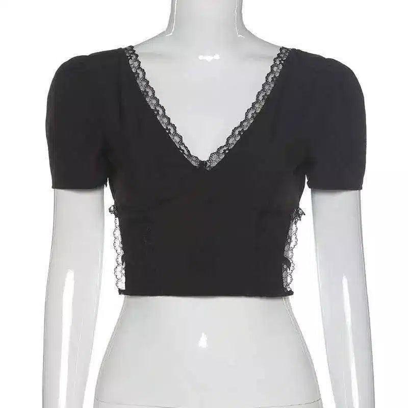 Lace Trim V-Neck Crop Top for Casual Wear-Black-2