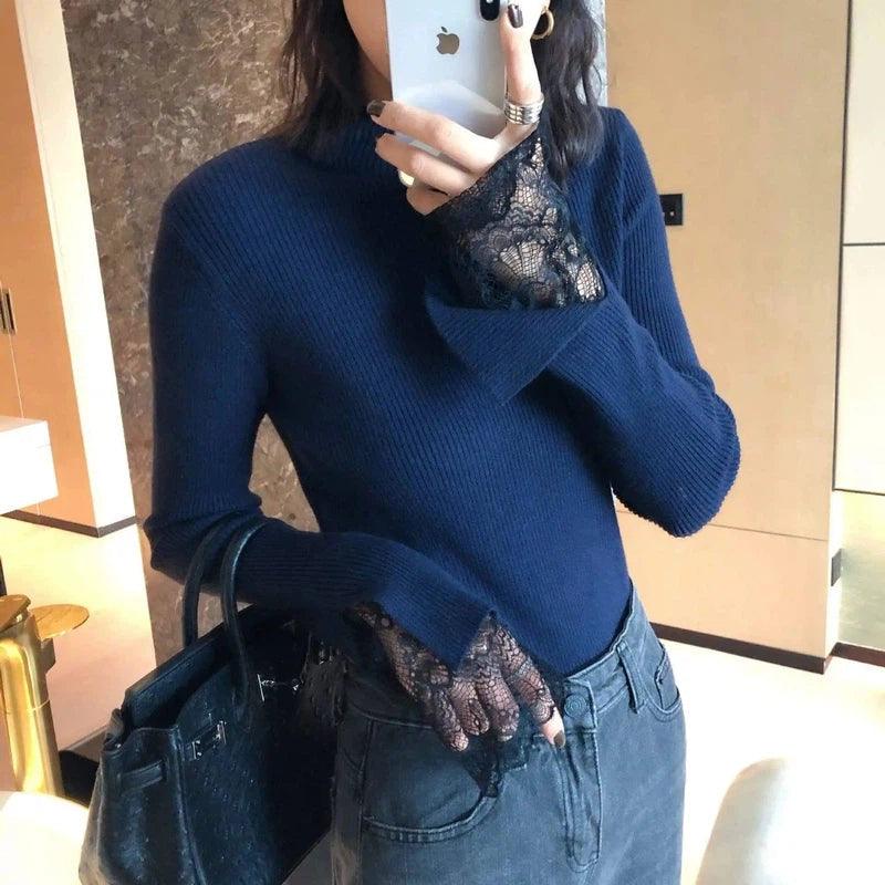 Lace Cuff Ribbed Turtleneck Sweater-Blue-1