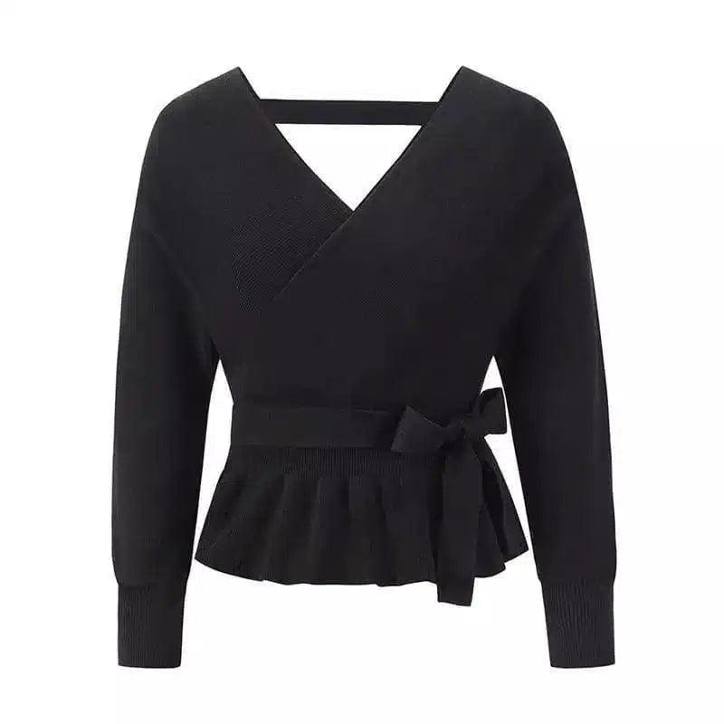 Women's Wrap Front Tie Waist Knit Sweater-Black-1