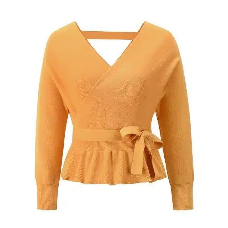 Women's Wrap Front Tie Waist Knit Sweater-Yellow-3