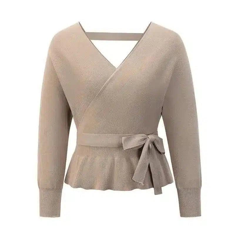 Women's Wrap Front Tie Waist Knit Sweater-Khaki-4