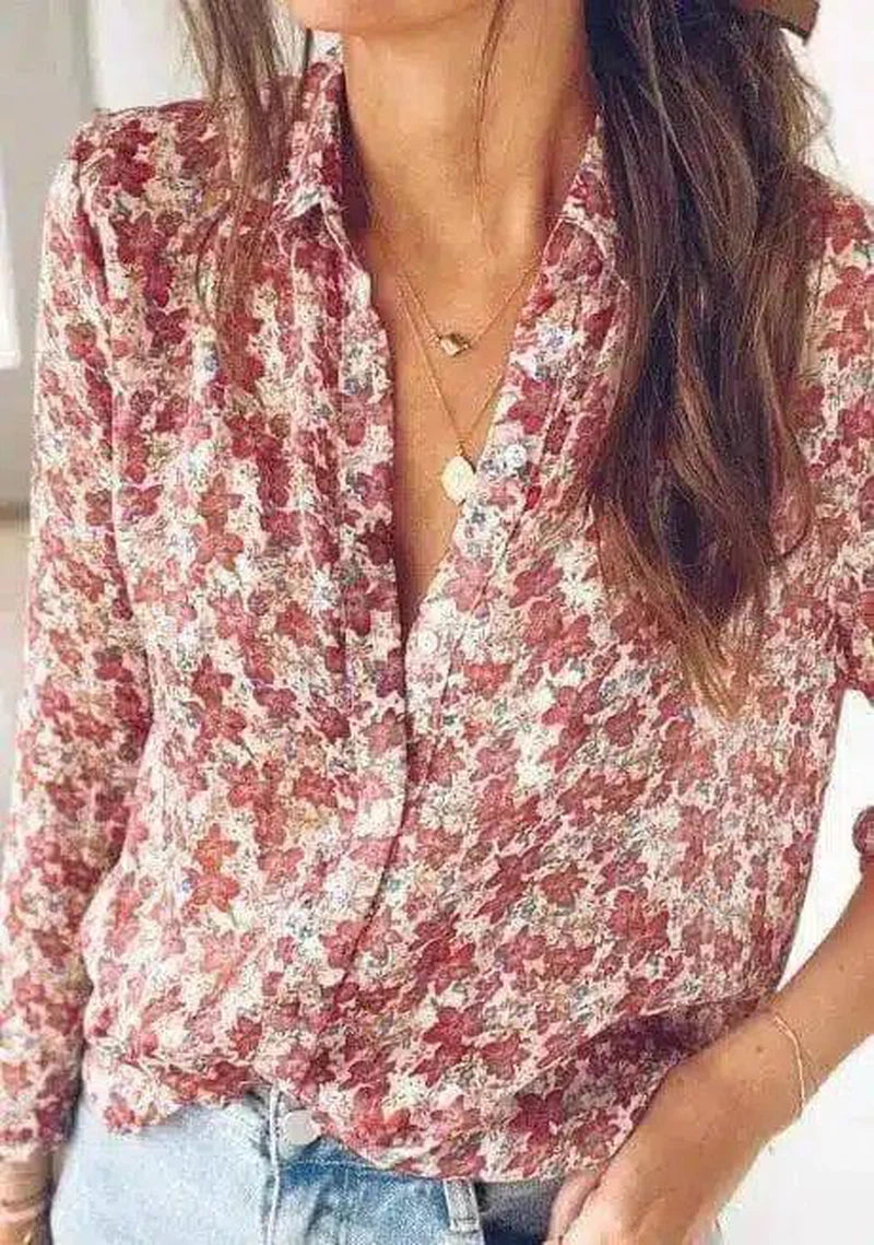 Floral Print Women's Casual Button-Up Shirt-Pink-1