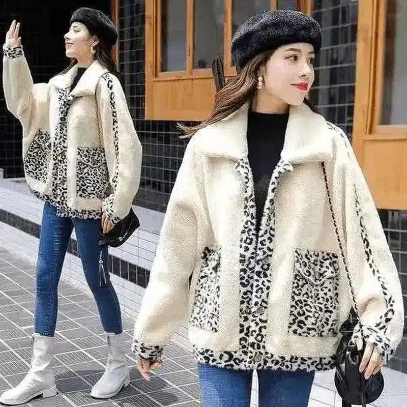 Warm Fleece Leopard Print Jacket-Beige-1