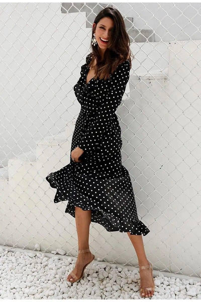 Long sleeve polka dot ruffled split dress black dress maxi-4