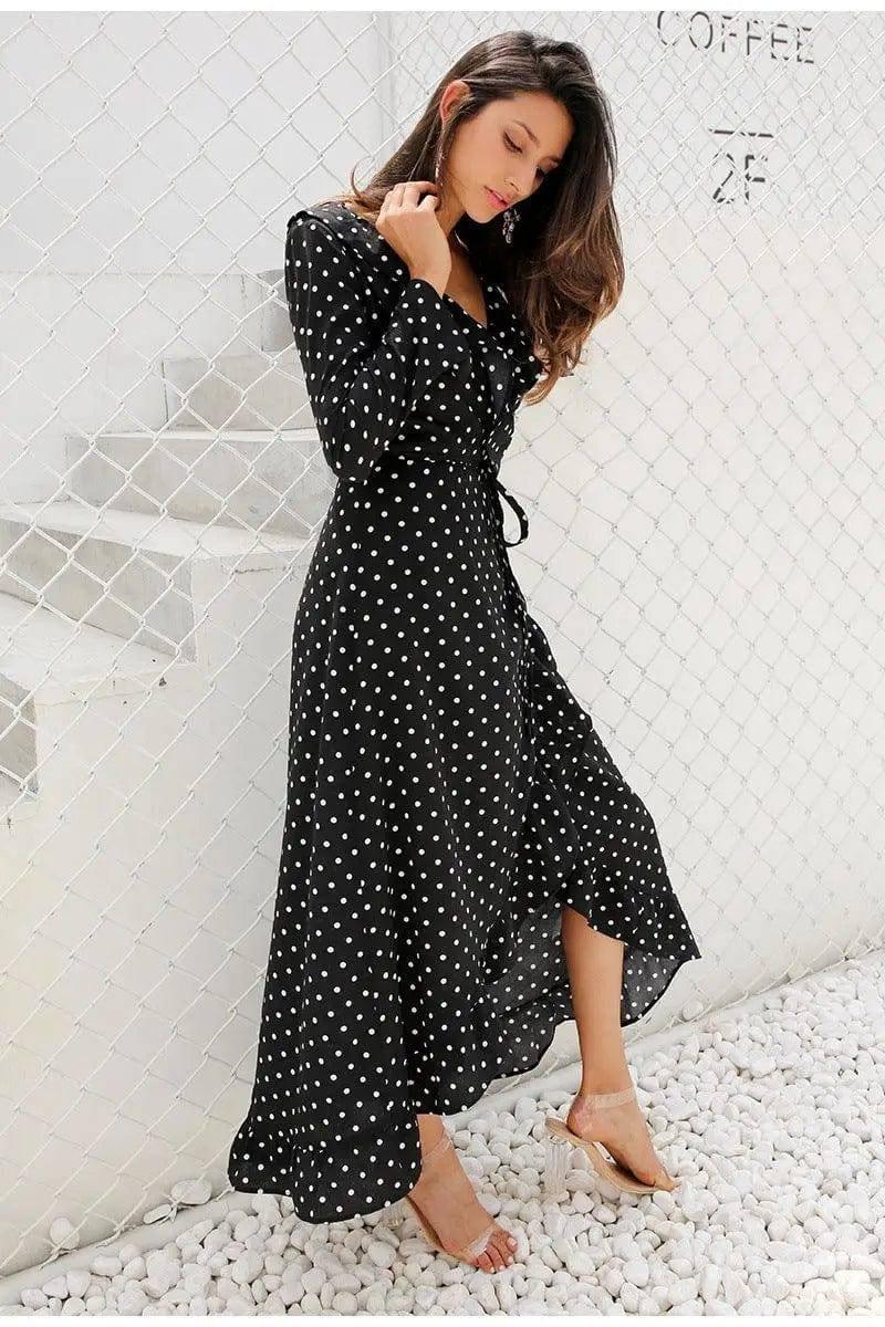 Long sleeve polka dot ruffled split dress black dress maxi-Black-5