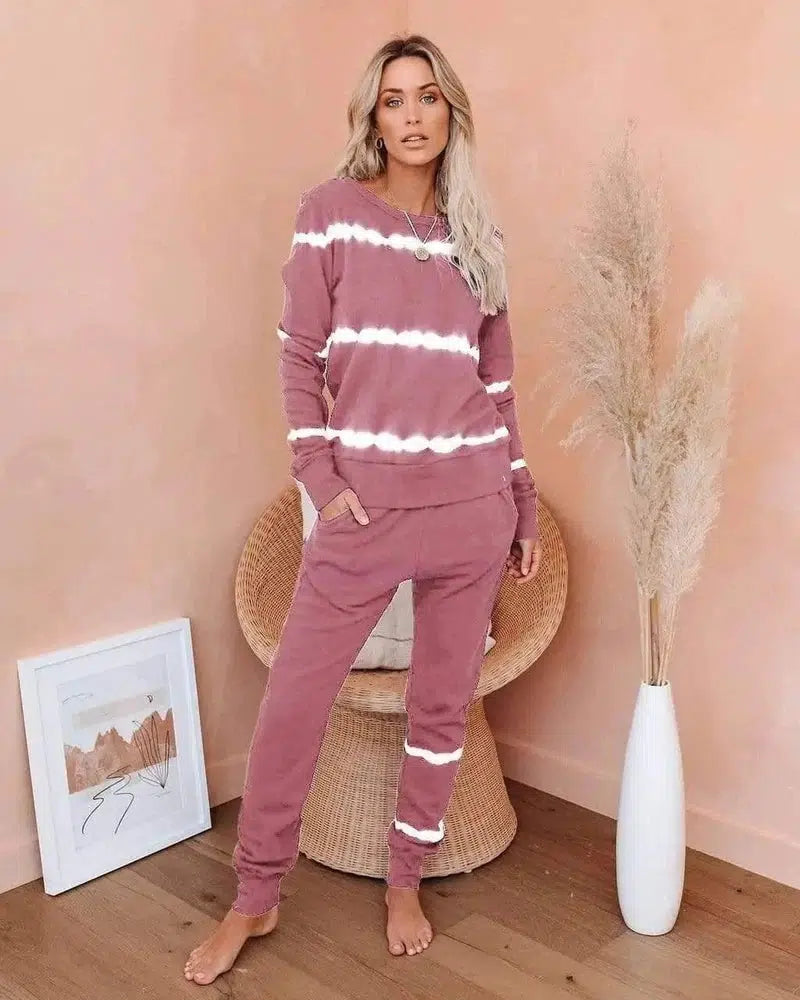 Long-Sleeved Trousers Pair Striped Tie-Dye Gradient Pajamas-Pink-7