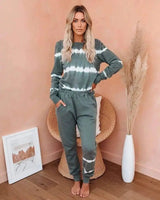 Long-Sleeved Trousers Pair Striped Tie-Dye Gradient Pajamas-gray green-8