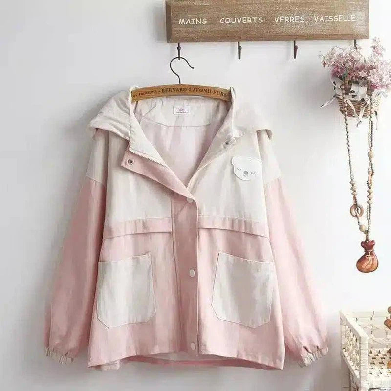 Hooded Casual Jacket with Patch Pockets-Pink-3