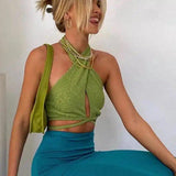 Women's Cross Halter Wrap Crop Top-Green-2