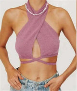 Women's Cross Halter Wrap Crop Top-Pink-3