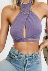 Women's Cross Halter Wrap Crop Top-Purple-4