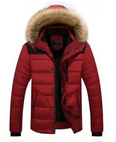 Men's fur collar hooded cotton jacket-Wine Red-3