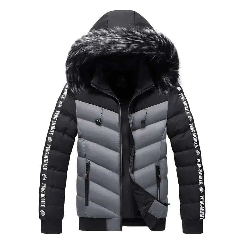 Men's Winter Fur Collar Cotton Padded Jacket-Grey black-1