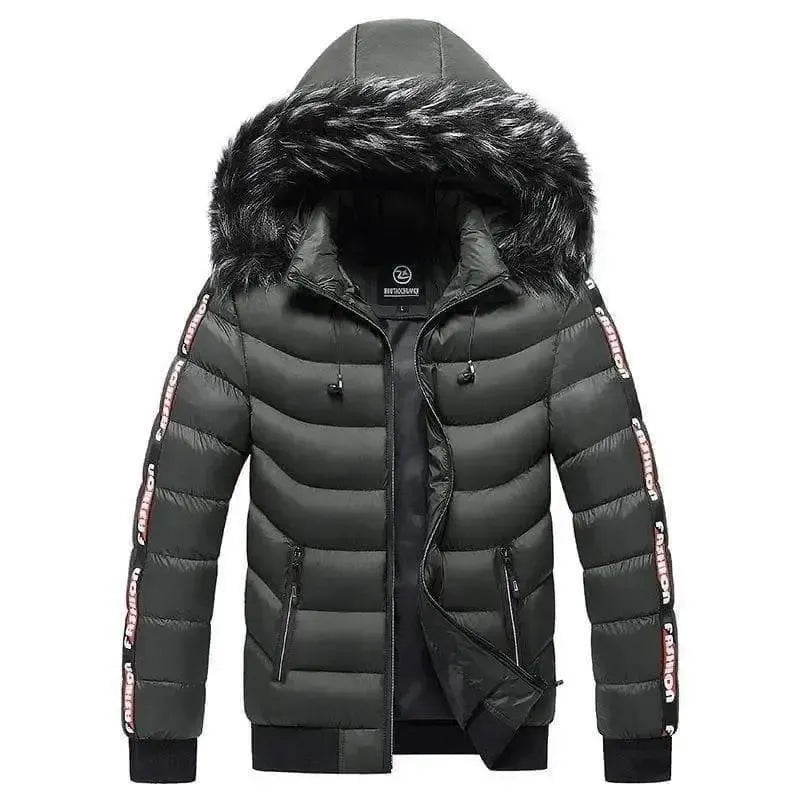 Men's Winter Fur Collar Cotton Padded Jacket-Green-8