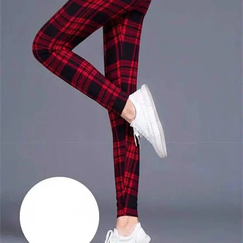 Milk silk check leggings-Wine Red-2