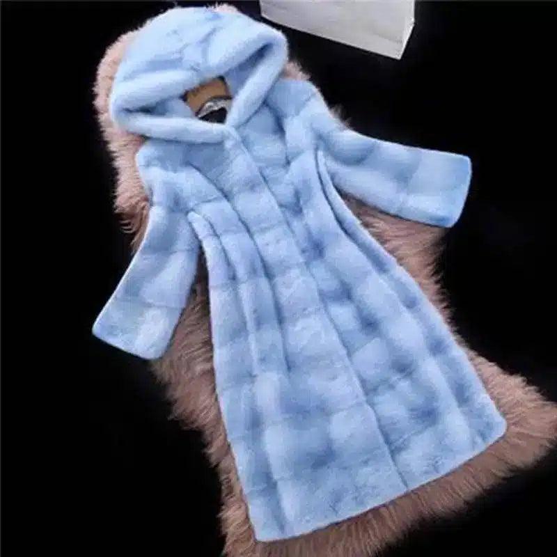 Cream Hooded Mink Faux Fur Coat-Blue-6