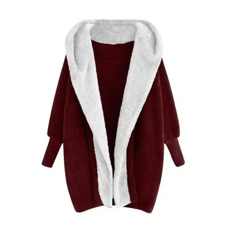 Fleece-Lined Open Front Cardigan-Red-5