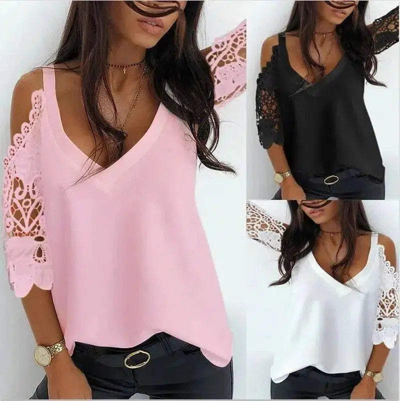 Patchwork Lace Ripped Off-Shoulder Chiffon Top-1