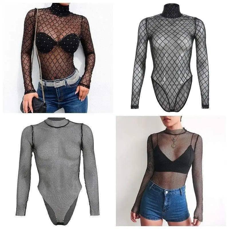 Women's Mesh Bodysuit Long Sleeve Top-1