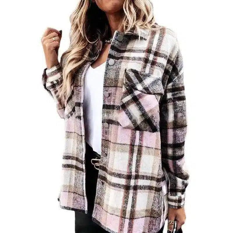 Women's Plaid Button-Up Jacket with Pockets-Pink-4