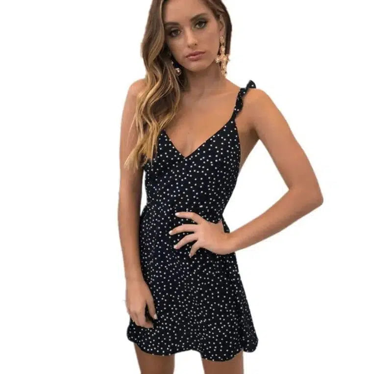 Polka-dot lace-up fashion dress-Black-24