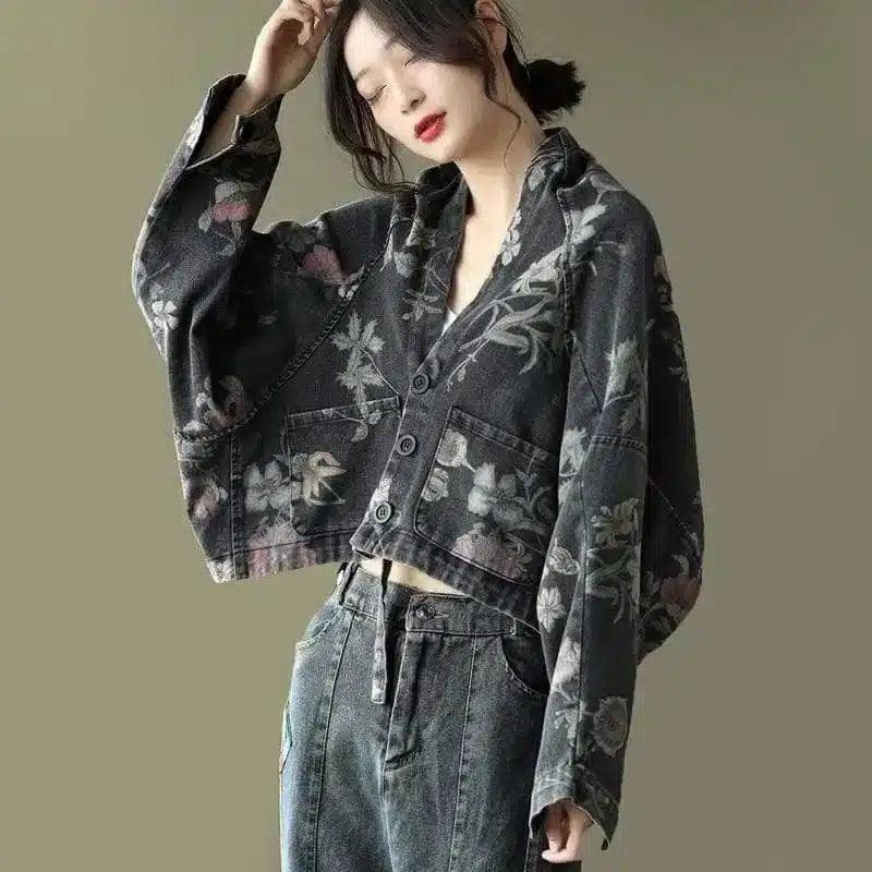 Floral Denim Cropped Jacket for Women-Black-2