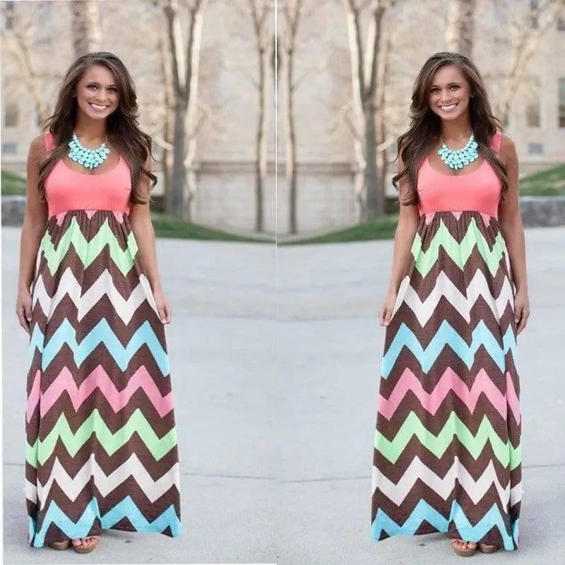 Printed Waves Stripe Long Skirt Dress-Pink-21