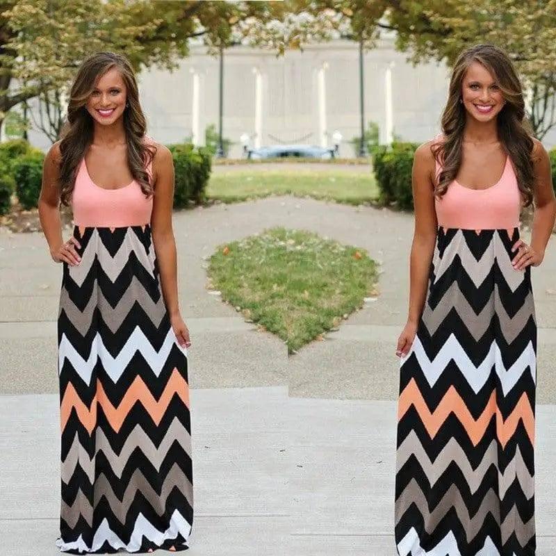 Printed Waves Stripe Long Skirt Dress-RoseRed-30