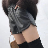 Pu leather pants thin velvet elastic high waist casual wide-3