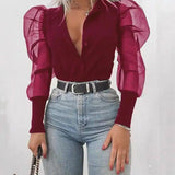 Women's Sheer Sleeve V-Neck Blouse-Red wine-4