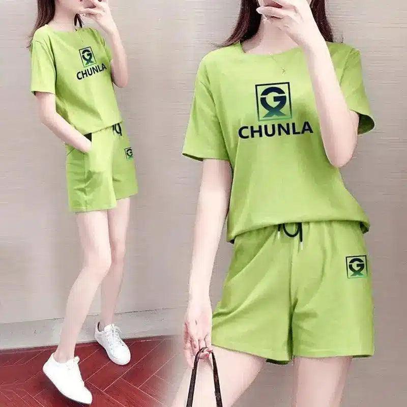 Women's Casual T-Shirt and Shorts Set-Green-10