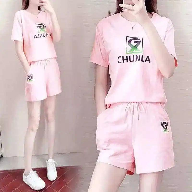 Women's Casual T-Shirt and Shorts Set-Light Pink-16