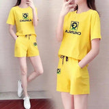 Women's Casual T-Shirt and Shorts Set-Yellow-4