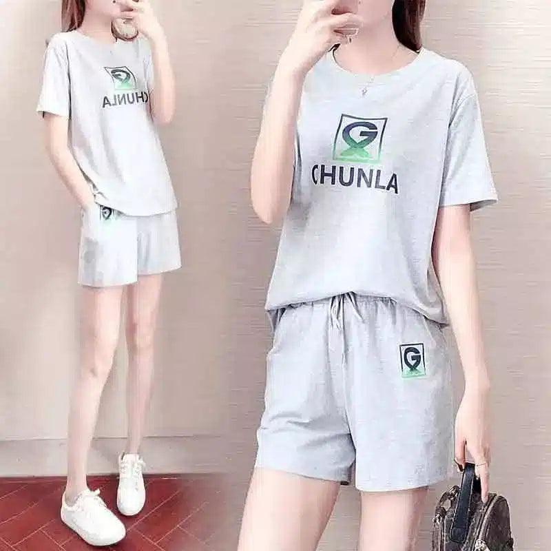 Women's Casual T-Shirt and Shorts Set-Grey-9