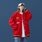 Retro Hong Kong Style Baseball Uniform Women Loose Bf Style-Red-3