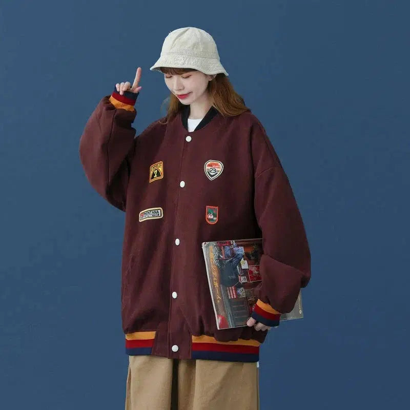 Retro Hong Kong Style Baseball Uniform Women Loose Bf Style-Brown-5