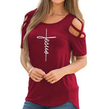 Women's Cut-Out Shoulder Casual Tee-Red-4